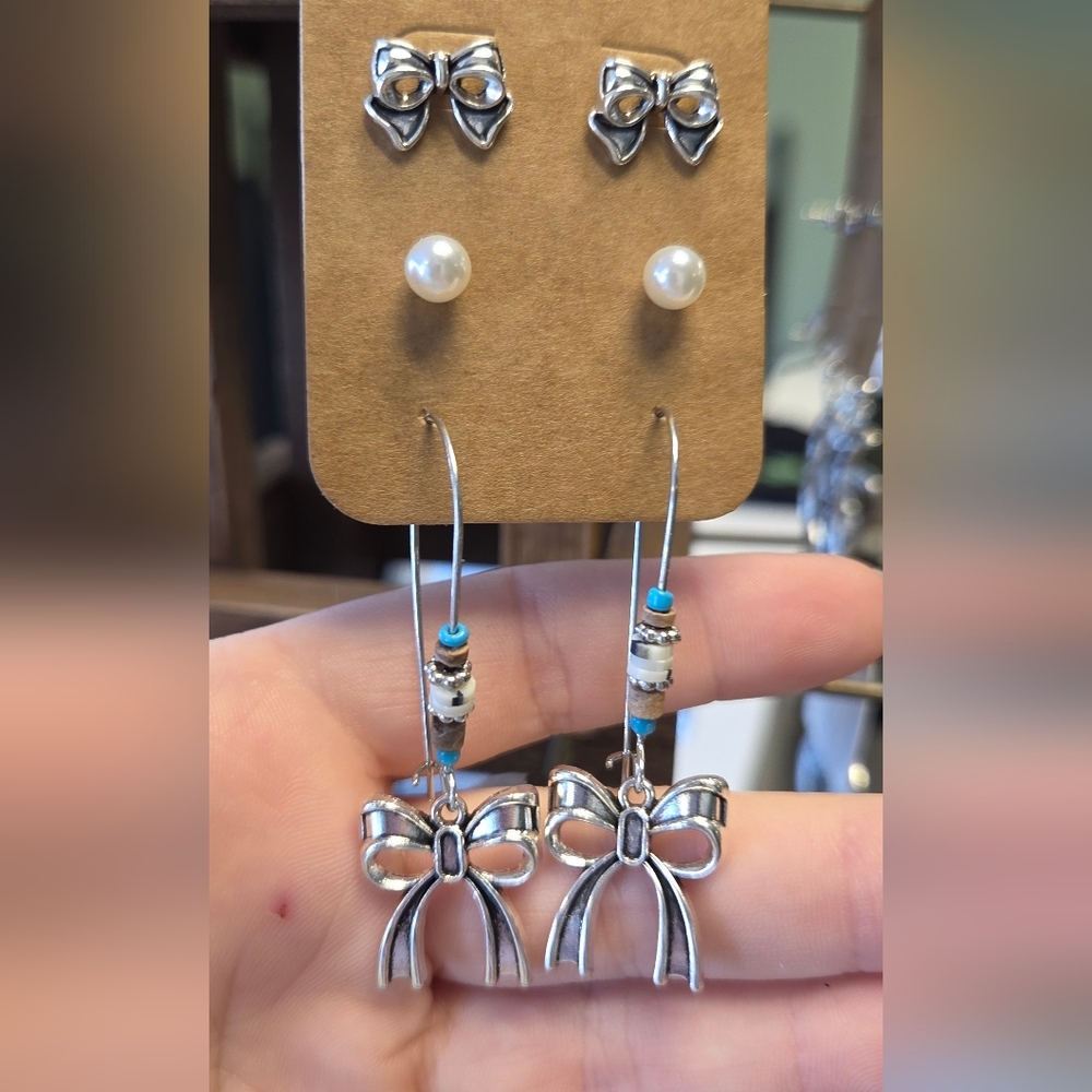 Silver Bow Earrings with Faux Pearl Studs
